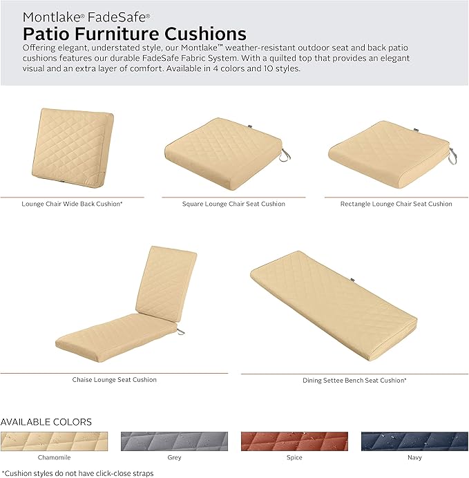 Classic Accessories Montlake FadeSafe Water-Resistant 25 x 22 x 4 Inch Wide Back Patio Quilted Lounge Cushion, Chamomile