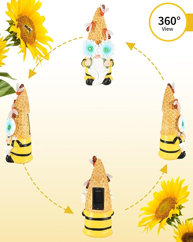 iStatue Garden Gnomes Outdoor Clearance with Solar Bee Lights - 9.5'' Resin Figurine Honeycomb Sunflower Spring Summer Decoration for Home Garden Decor Lawn Ornaments (Mr Bee Gnome)