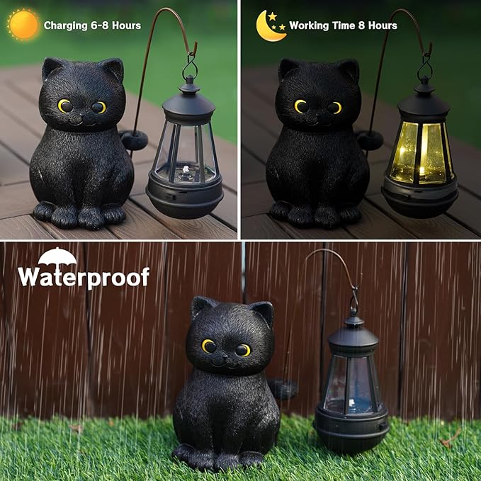 Solar Garden Statue Cat Figurine, Black Cat Statues Garden Decor with LED Light Outdoor Statue for Yard Patio Balcony Lawn Ornament, Housewarming Gifts for Grandma Mom Dad