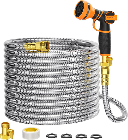 Girafe Tools Garden Hose 100ft x 5/8", 304 Stainless Steel Metal Water Hose, No Kink Garden Water Hose with 9 Pattern Spray Nozzle, Flexible, Lightweight, Kink Free Hose for Yard, Outdoor