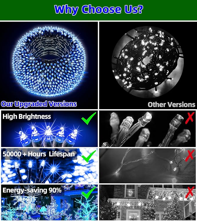 750 LED Outdoor Christmas Lights Decorations, 246ft Green Wire LED Christmas String Lights with Timer Memory, Twinkle Lighs for Indoor Outdoor Xmas Party Christmas Tree Wedding Garden Patio Blue