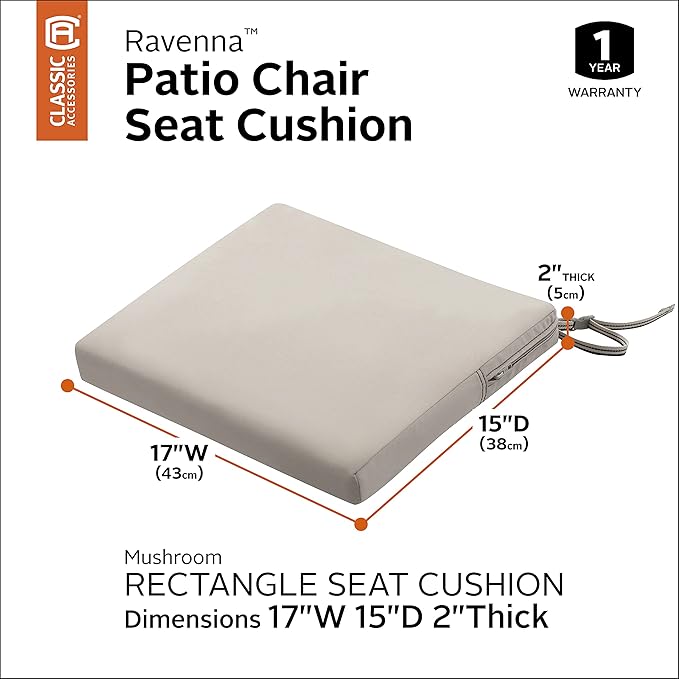 Classic Accessories Ravenna Water-Resistant 17 x 15 x 2 Inch Patio Seat Cushion, Mushroom, Chair Seat Cushion