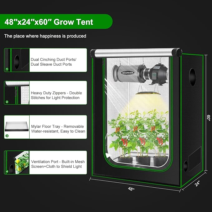 MELONFARM 2x4 Grow Tent, 48"x24"x60" Grow Tent, Double Transparent Viewing Door Indoor Grow Tent, Growing Tent with High Reflective Mylar & Floor Tray, Plant Tent for Indoor Hydroponics Growing