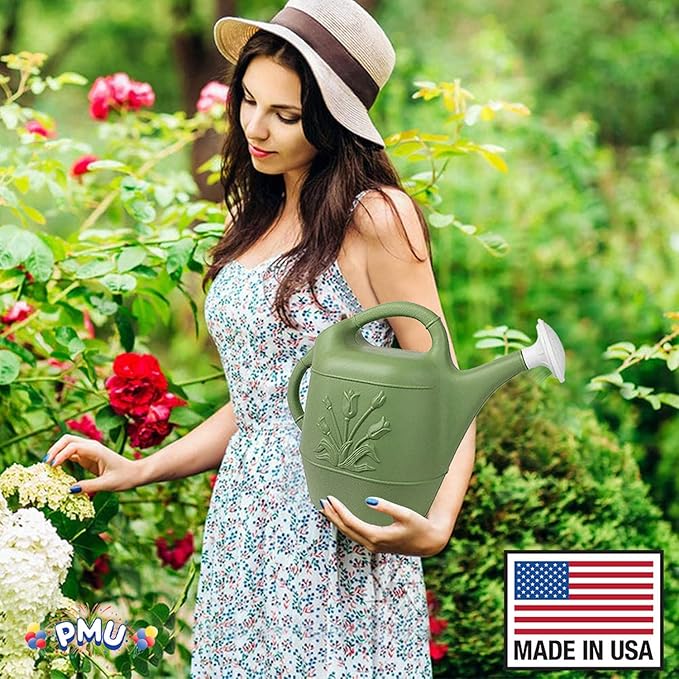 PMU 2 Gallon Watering Can - Garden Watering Can for Indoor & Outdoor Plants - Plastic Water Can with Detachable Sprinkler Head - Large Water Pot, Made in USA - Sage Green Pkg/6