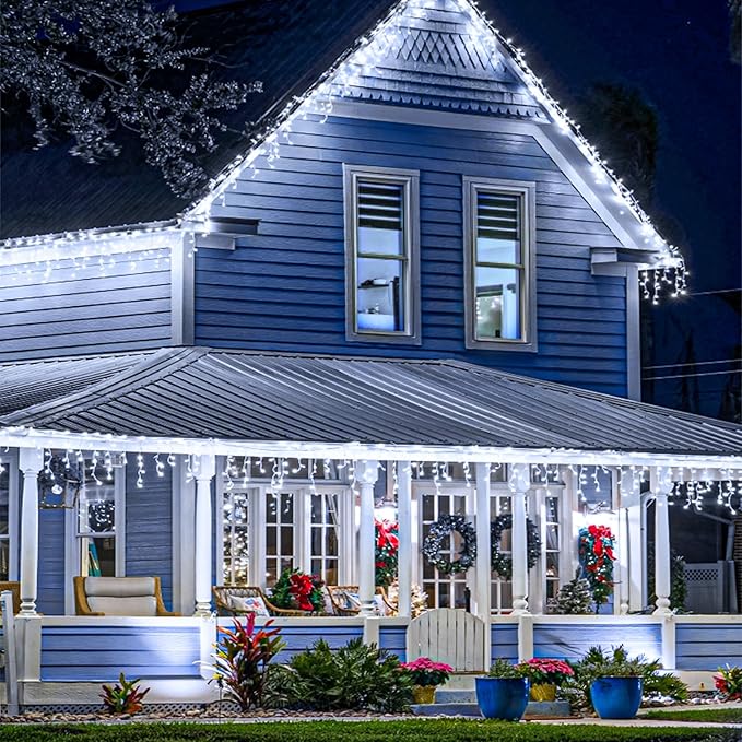 Christmas Icicle Lights Outdoor, 640 LED 66FT Icicle Lights for Outside with 8 Modes Timers, Waterproof Plug in Connectable String Light for House Roof Garden Party Wedding Decorations, White
