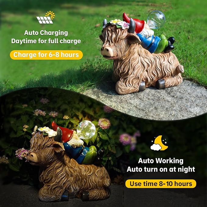 Solar Highland Cow Gnome Garden Decor Statue, Outdoor Funny Solar Light Decoration for Yard, Patio, Lawn, Unique Housewarming, Birthday Gift for Women, Mom, Grandma