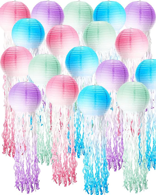 18 Pcs Jellyfish Paper Lanterns Mermaid Birthday Decorations Hanging Lantern Lamps for Ocean Theme Decor Under The Sea Party Supplies(Gradient Color)