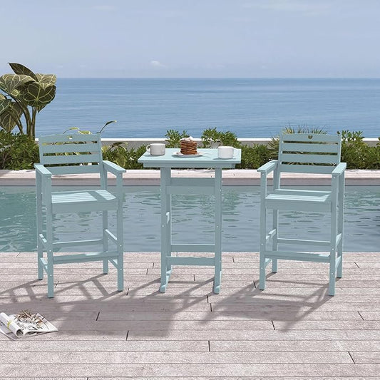 3-Piece Bar Height Outdoor Table and Chairs Set, HDPE Wood Grain Patio Bar Table and Chairs with Heart Cutout Design, Weather-Resistant Bar Height Furniture for Deck, Porch, Pool (Light Blue)