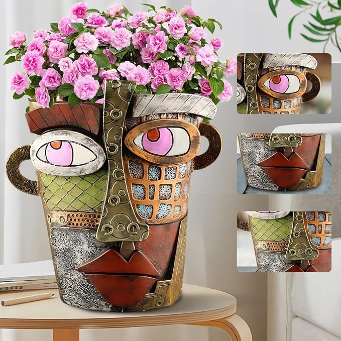 Brutalist Abstract Face Planters Pots Head, Unique Abstract Flower Pot, Funny Planters Decoration Flower Resin Face Flower Pot for Indoor and Outdoor Plants Colorful Funny Room Decor (Retro)
