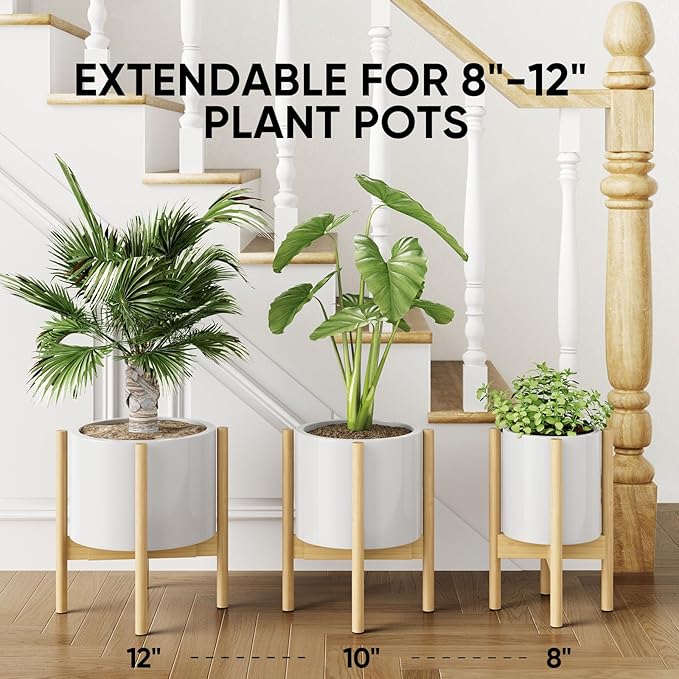MUDEELA Adjustable Plant Stand Indoor, Bamboo Plant Stand 8 to 12 Inches, Single Floor Plant Stand for Indoor Plants, Bamboo Natural Planter Stand for Indoor Plants, Pot Plant Not Included