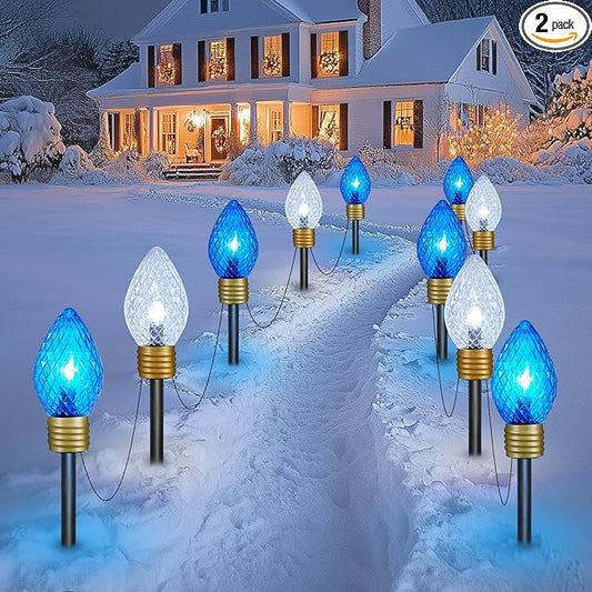 Moonflor Strawberry Jumbo C9 Christmas Pathway Lights Outdoor - 2Pack Total 17FT 10 LED C9 Walkway Light, Christmas Decoration Outside,Christmas Lights Outdoor for Lawn Yard Holiday, Blue & Pure White