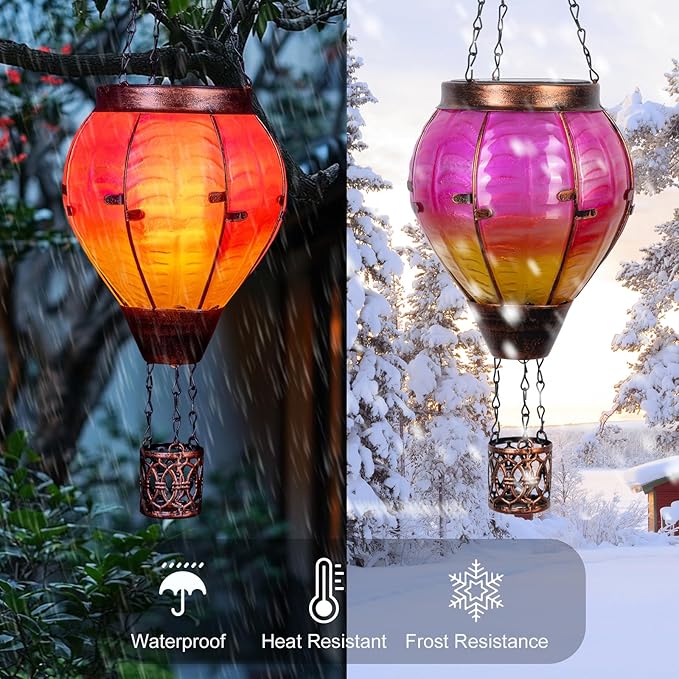 Hot Air Balloon Solar Lantern with Flickering Flame Light Outdoor Solar Hanging Lights Waterproof for Garden Yard Farmhouse Patio Pathway Outside Decoration, Pink&Orange