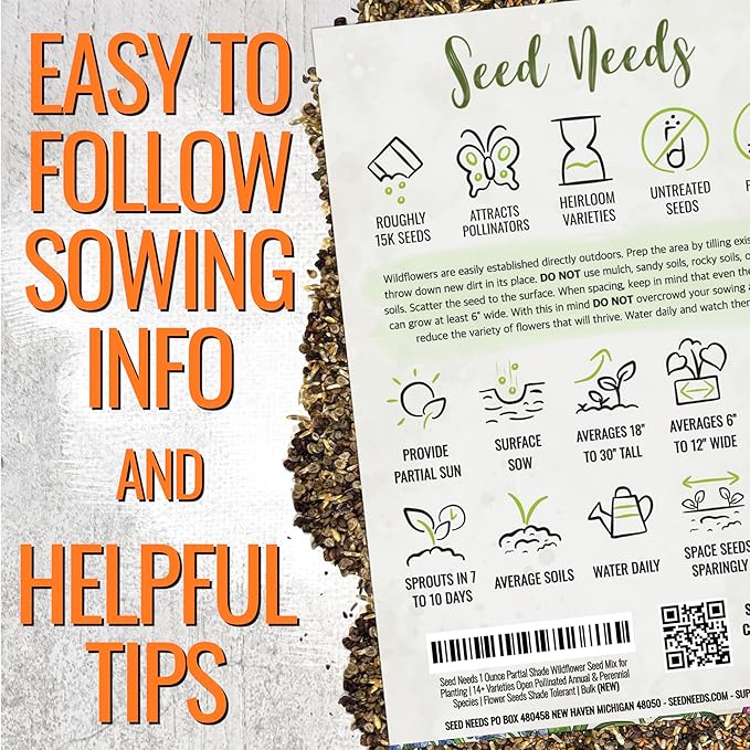 Seed Needs Partial Shade Wildflower Seed Mix for Planting | 5 Packs (1 Ounce Each) 14+ Varieties Open Pollinated Annual & Perennial Species | Flower Seeds Shade Tolerant | Bulk