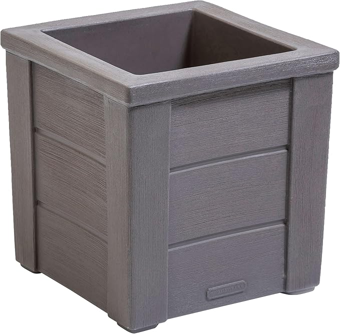 Step2 Lakewood Square Planter, Large Planters for Outdoor Plants, Gardening and Flower Pot for Patio or Porch, Efficient Drainage, Durable Plastic, Dark Cedar, 1-Pack