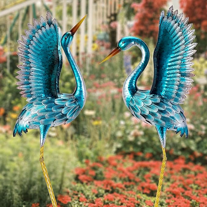 Natelf Garden Crane Statues for Outdoor, Blue Heron Decoy Courtyard Sculptures, Standing Metal Bird Yard Art for Patio Pond Backyard Decor(Set of 2)