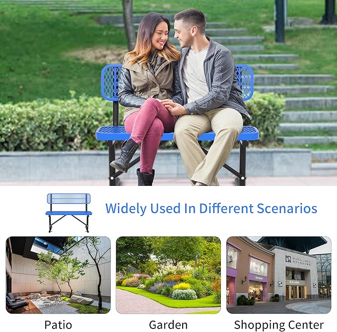 Heavy Duty Park Bench with Back Portable Frame, Outdoor Steel Bench with Backrest, Outdoor Park Bench Expanded Metal Mesh Bench for Lawn, Park, Deck, Garden, Patio, Porch, Black (Blue, 4FT)