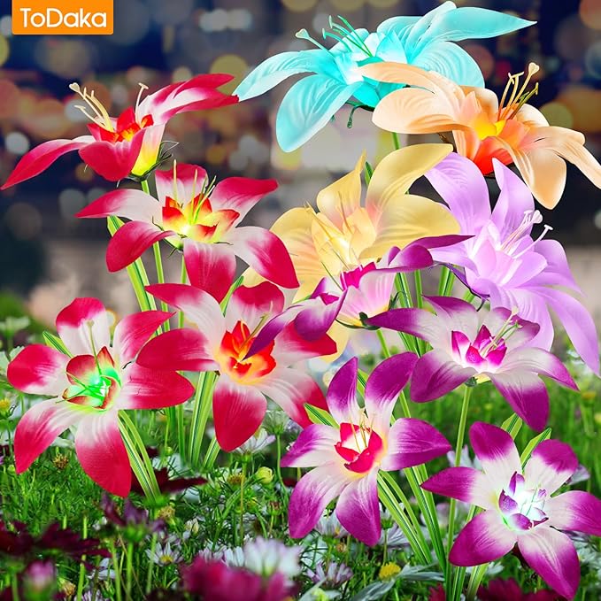 Solar Lights Outdoor Waterproof, 4 Pack Upgraded Garden Lights Solar Powered with 16 Double Layer Lily Flowers, Colorful Outdoor Solar Lights for Outside Yard Patio Garden Decor