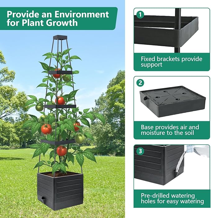 2 Pack Raised Garden Bed Planter Box with Trellis, 58”Tomato Planter with Trellis for Climbing Plants Vegetables Vine Flowers, Self-Watering Tomato Cage for Garden Patio Outdoor & Indoor