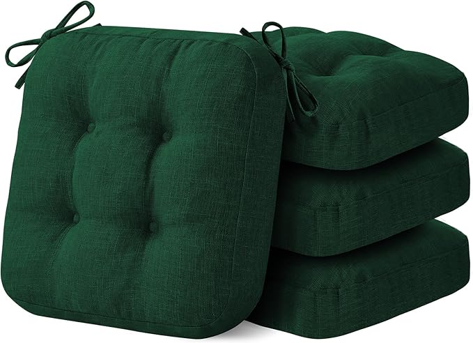 Chair Cushions for Dining Chairs, Dining Chair Cushions, Tufted Indoor Chair Pads with Ties & Non Slip Backing, Seat Cushions for Kitchen Chairs 16.5” x 16.5” x 3.5”, Set of 4, Green