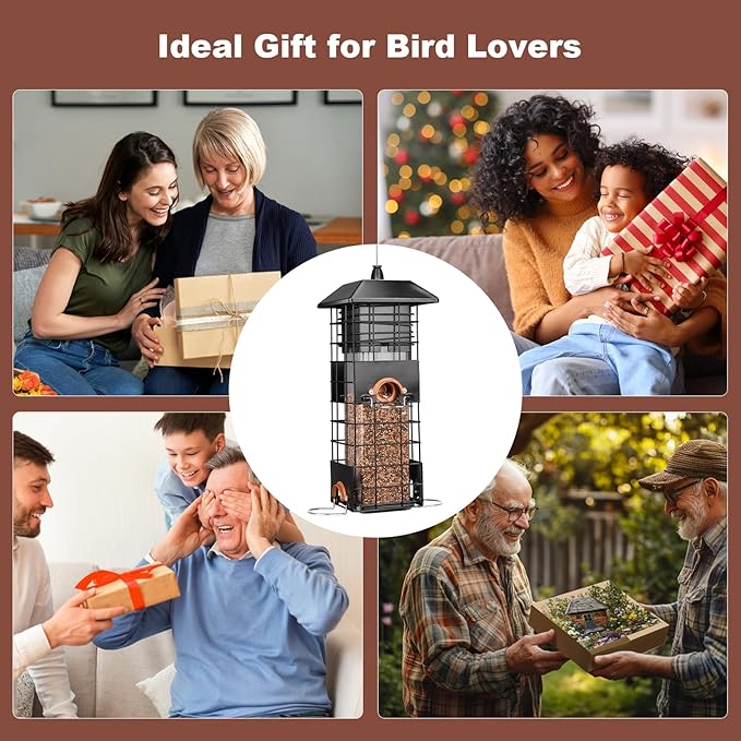 Squirrel Proof Bird Feeder - Metal Outdoor Design with 4 Feeding Ports, Wild Bird Feeders for Outside, 2.5lb Large Capacity, Ideal Gift for Bird Lovers