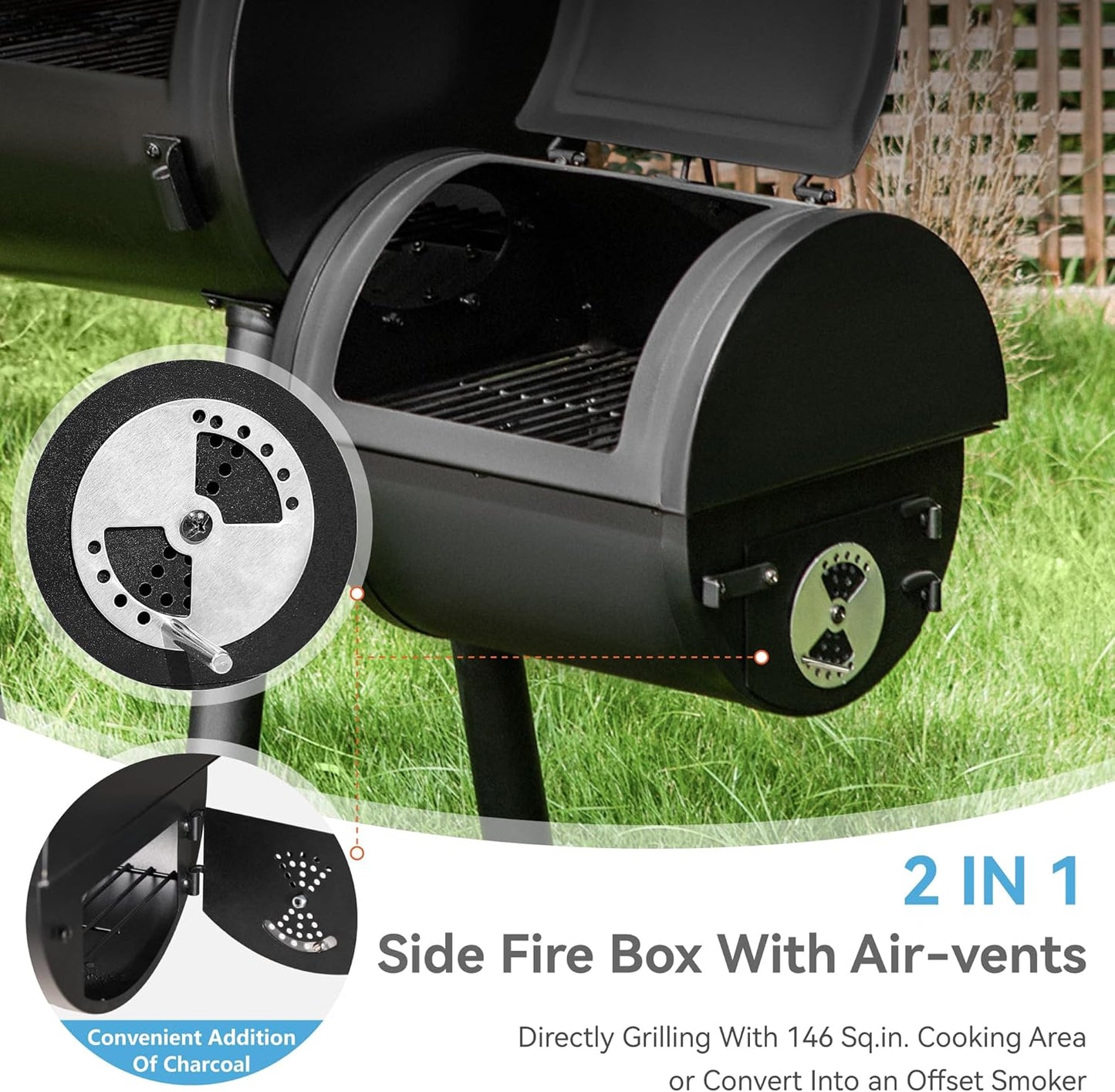 GREEN PARTY Offset Smoker Charcoal Grills with 28 Inch Cook Chamber, Barrel Smoker and Charcoal Grill Combo, 512 Sq. In. Space Barrel Smoker Grill for Outdoor BBQ Patio Backyard Cooking