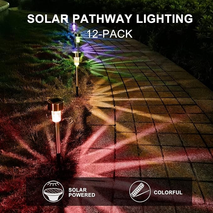 Dream Master Solar Lights Outdoor Waterproof, Stainless Steel LED Landscape Lighting Outdoor for Outside Solar Garden Lights for Pathway, Walkway, Patio, Yard, Lawn - 12 Pack (Multicolor)