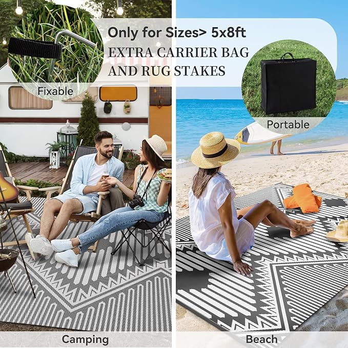 MontVoo Outdoor Rug-Waterproof Patio Rug Mat 5x8 Outdoor Carpet Mat Reversible Plastic Straw Outside Outdoor Rug for RV Camping Picnic Beach Balcony Backyard Pool Deck Porch Modern Boho Grey