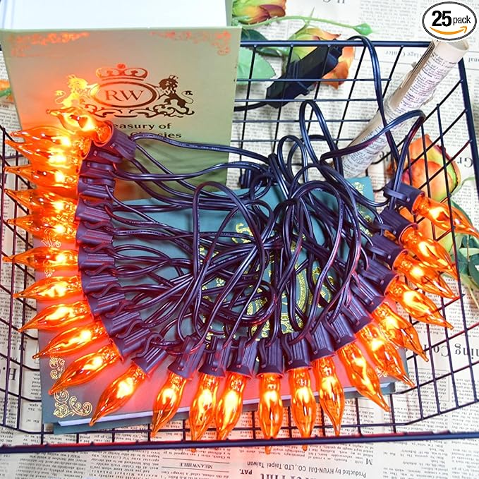 27.8Ft Flickering Flame String Lights Orange Halloween Lights with 25 Pack C7 Orange Flame Light Bulbs, Orange Flame String Lights for Halloween Decorations for Home Party Yard (2 Spare Bulbs)
