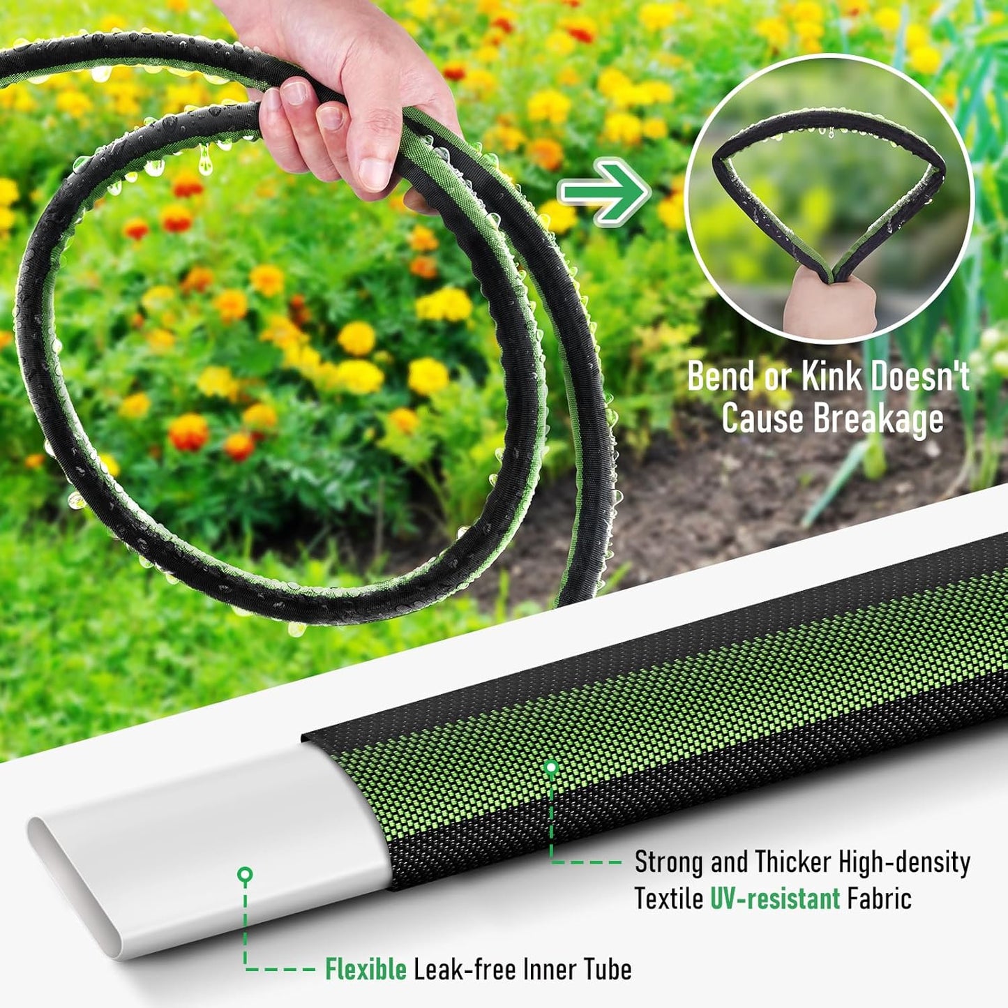 Flat Soaker Hose 50FT for Garden and Lawns, 80% Water-Saving Drip Irrigation Hose with Anodized Aluminum Ends, Flexible Leakproof Double Layer Gardening Hoses ﻿