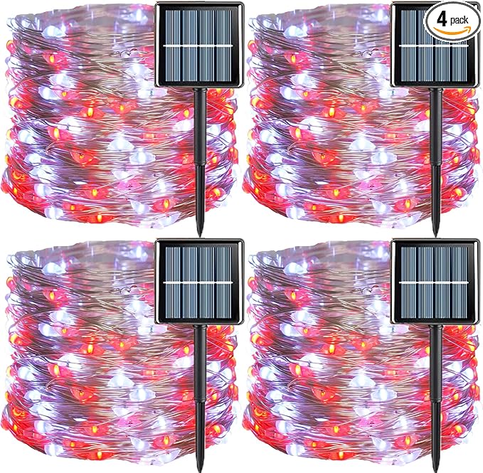 QITONG 4 Pack Red and White Solar Fairy Lights, Each 33ft 100 LED Christmas Lights, 8 Modes Silver Wire Solar String Lights