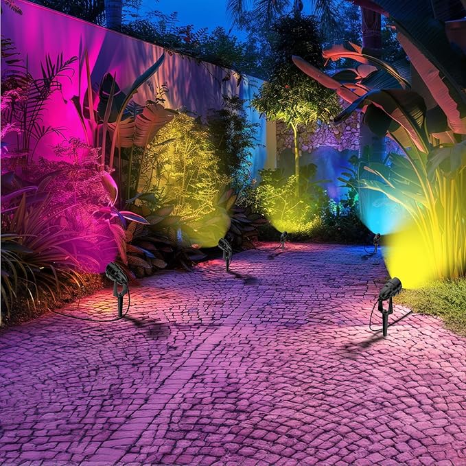 1500LM LED High Brightness Outdoor Landscape Lighting 15W RGBCW Color Changing Landscape Lights Remote Control Spot-Lights with Plug in IP66 Waterproof Flood Light for Garden - 2 Pack