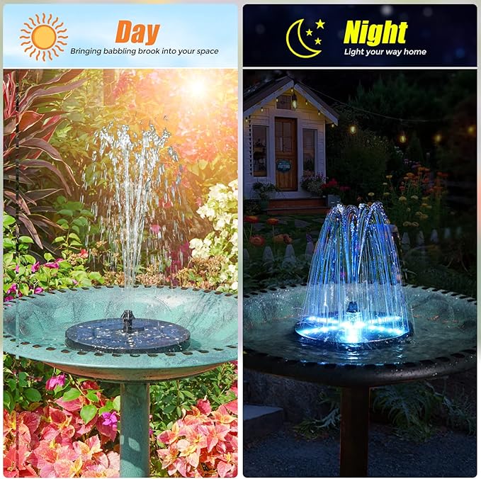 Solar Bird Bath Fountains Upgraded, 4W Solar Powered Water Fountain Pump with 7 Nozzles & 4 Fixers, 4000 Battery, 7 Colors LED Light for Garden, Pond, Pool, Fish Tank, and Outdoor