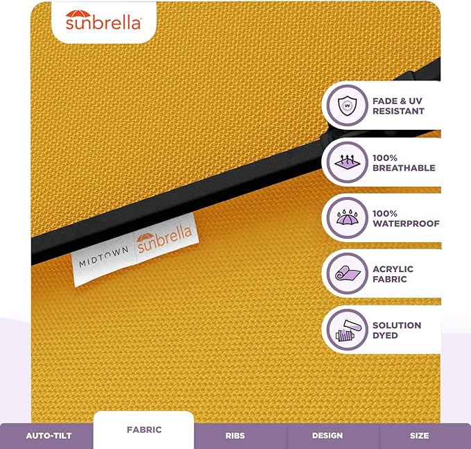 Midtown Umbrellas Sunbrella Umbrella 9 Feet Outdoor Umbrella With Yellow Acrylic Fabric - Auto-Tilt Aluminum Frame Patio Umbrella For Backyard, Deck, Garden, Pool - Black Pole