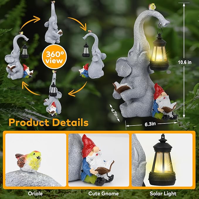 Solar Outdoor Garden Statues Lights, Elephant Figurines with Cute Gnome Garden Sculpture Decor, Luck Elephant Gifts for Woman Mother or Daughter, Unique Housewarming Gifts and Yard Decor