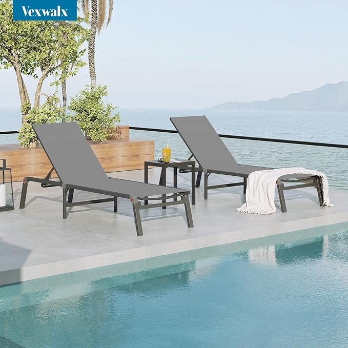 Chaise Lounge Outdoor, Foldable Aluminum Pool Lounge Chairs with 5 Positions Recliner - Free Assembly - Patio Chaise Lounge Chair for Poolside, Beach, Yard (Darkgray)