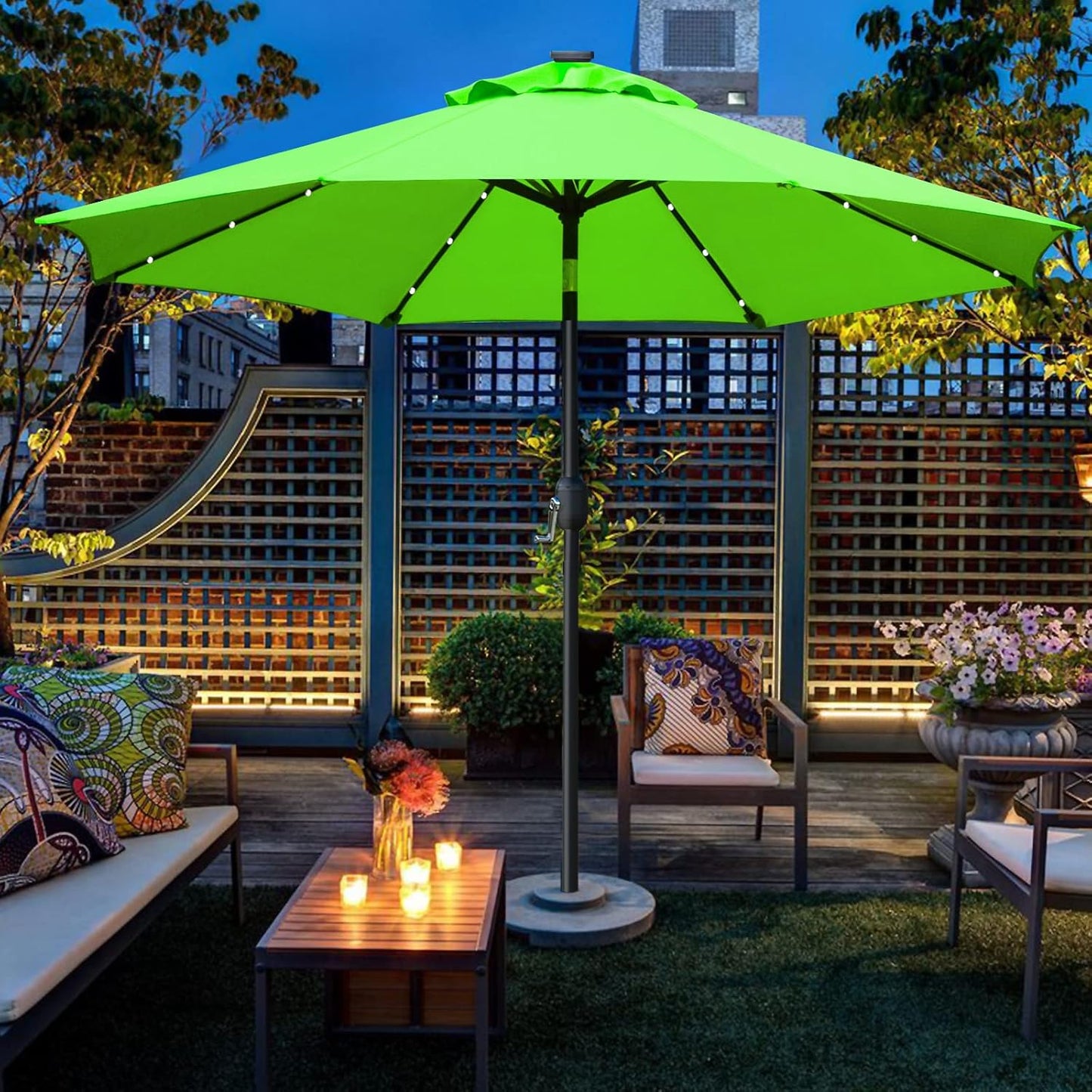 Sunnyglade 9' Solar LED Lighted Patio Umbrella with 8 Ribs/Tilt Adjustment and Crank Lift System (Grass Green)