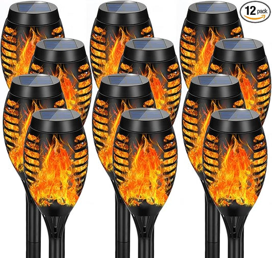 12Pack Solar Torch Lights with Flickering Flame Upgraded, Security&Waterproof Solar Lights Outdoor Landscape Decoration, Mini Solar Tiki Torches for Yard,Garden,Patio, Pathway Decor-Auto On/Off