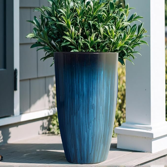Worth Garden 20" H. Large Plastic Planters - Set of 2 Gradient Blue Glossy Smooth Finish - Tall Plant Pots for Indoor & Outdoor Use - Decorative Lightweight Flower Pots for Front Porch, Patio, Deck