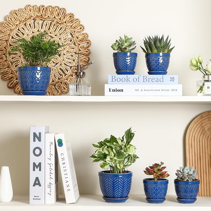 Sureasy Succulent Pots, 3.5 Inch Flower Pots for Indoor Plants, Small Plant Pots with Saucer & Drainage, Decorative Ceramic Planters for Succulent, Cactus, Set of 4, Blue