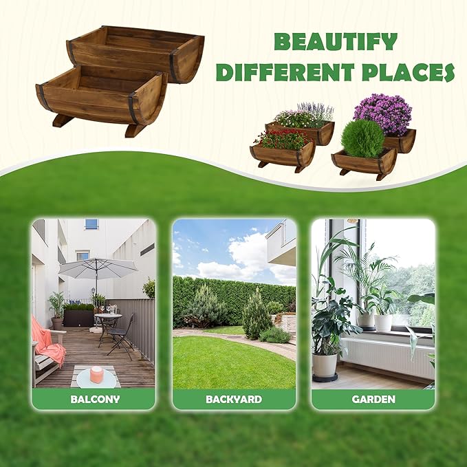 IDZO Solid Acacia Wood Half Barrel Planters Outdoor Set of 2 Different Sizes, Wooden Planters for Outdoor Plants with Metal Bands & Drainage Holes, Legs Included, Brown