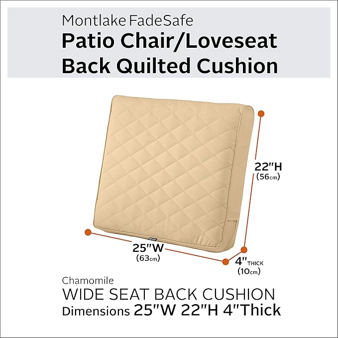 Classic Accessories Montlake FadeSafe Water-Resistant 25 x 22 x 4 Inch Wide Back Patio Quilted Lounge Cushion, Chamomile