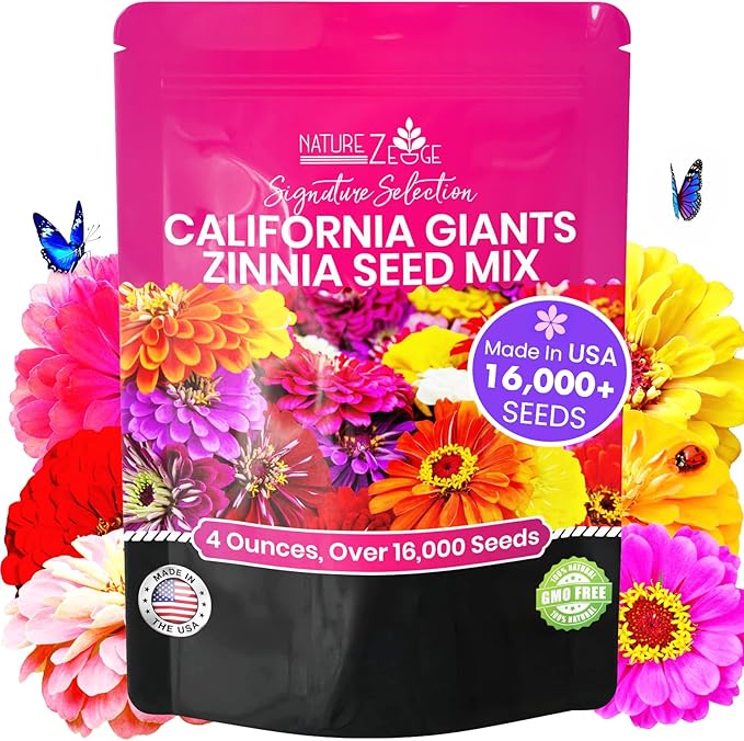 NatureZ Edge Zinnia Seeds for 2025 Planting Outdoors, Over 16,500 Flower Seeds, 1/4 lb, Non GMO Made in USA, Bulk Semillas De Flores para Sembrar, California Giants, Easy to Grow Zinnia Seed Mix