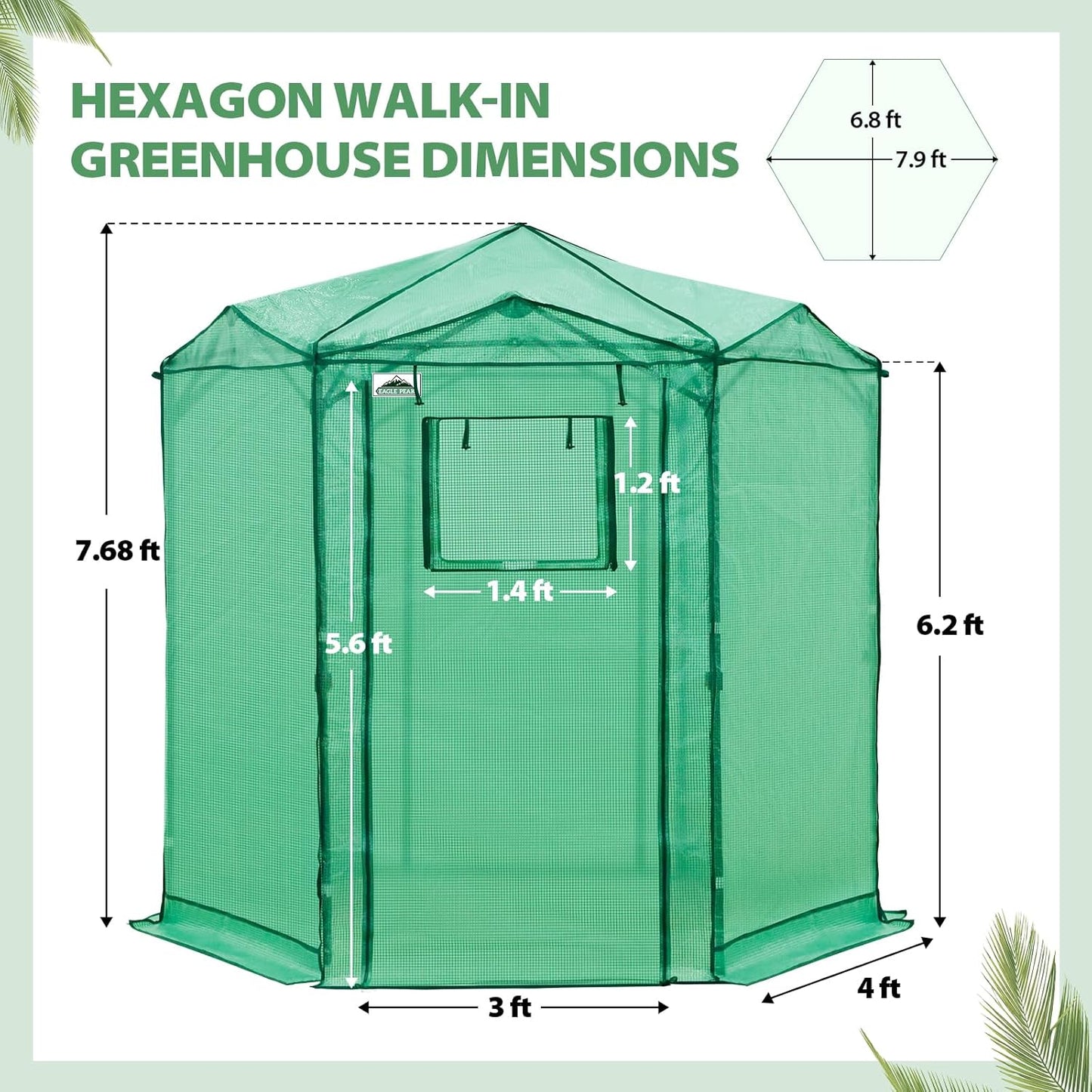 EAGLE PEAK 6.6x6.6 ft Hexagon Pop up Greenhouse, Portable Walk-in Grow Tent for Seed Starting, Garden Plants, Indoor Outdoor Green House, All-Weather Plant Shelter, PE Cover, Green/Clear