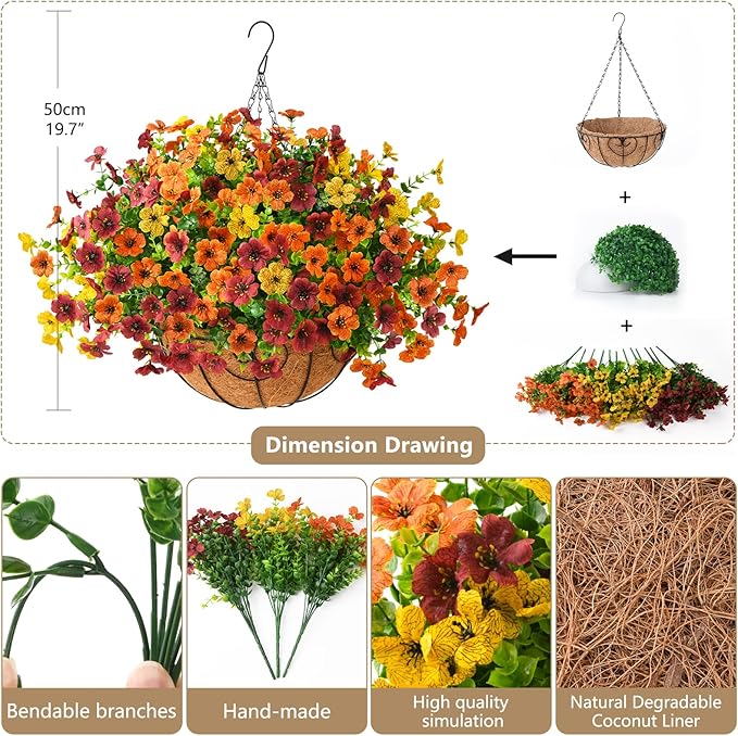 Artificial Fake Hanging Plants Flowers Basket, Faux Silk Daisy in Planter Realistic UV Resistant for Outside Home Patio Balcony Yard Spring Outdoor Decoration (Orange Brown Yellow)