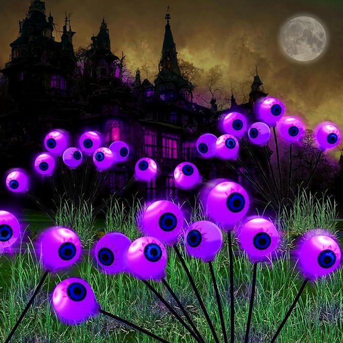 Halloween Decorations Outdoor Lights - 4 Pack 32LED Solar Halloween Scary Eyeball Pathway Lights Swaying by Wind, Waterproof Solar Halloween Stake Lights for Garden Porch Lawn Pathway (Purple)