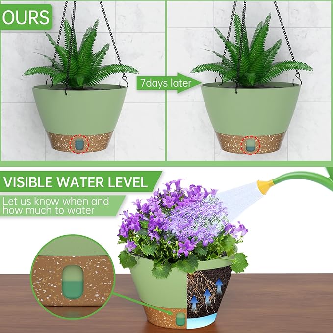 ZMTECH Hanging Planters for Indoor Plants Set of 2 Self Watering Hanging Pots Hanging Baskets Hanging Flower Pots for Outdoor Hanging Plants(10 Inch, Green)