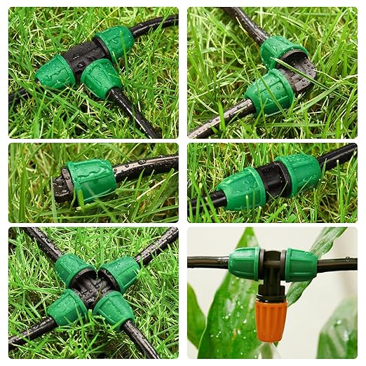Drip Irrigation Fittings Kit for 1/4" Tubing, 65 Pcs Drip Line Lock Barbed Connectors for Drip Systems - 18 Couplings, 15 Tees, 12 End Caps,1 0 Elbows, 5 Cross Connectors, 5 Misters Nozzles