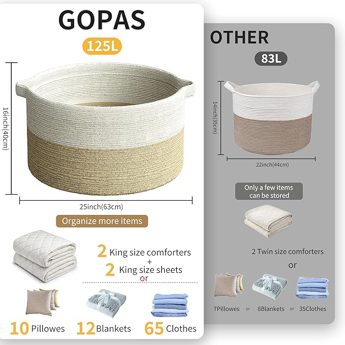 125L Extra Large Blanket Basket, 25" x 16", Jumbo Laundry Woven Baskets Decorative Home, Cotton Rope Basket with Handles, Baby Toy Baskets for Storage, White & Brown