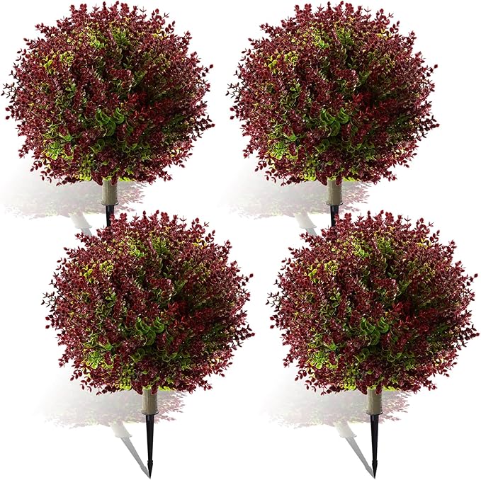 Yunlly 4 Pcs 18 Inch Artificial Boxwood Ball Topiary Tree Fake Outdoor Plants Bush, UV Resistance Faux Shrub with Spike Realistic Greenery Potted for Indoor Garden Yard Porch Patio Decor (Purple Red)
