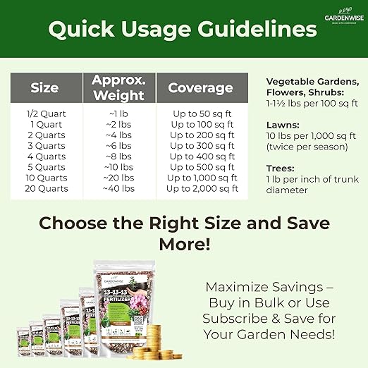 13-13-13 Slow Release Granular Fertilizer – All Purpose Plant Food 13 13 13 for Outdoor Grass, Vegetables, Roses, Flowers, Shrubs, Trees. Lawns, Gardens, Potted Plants (10 quarts)